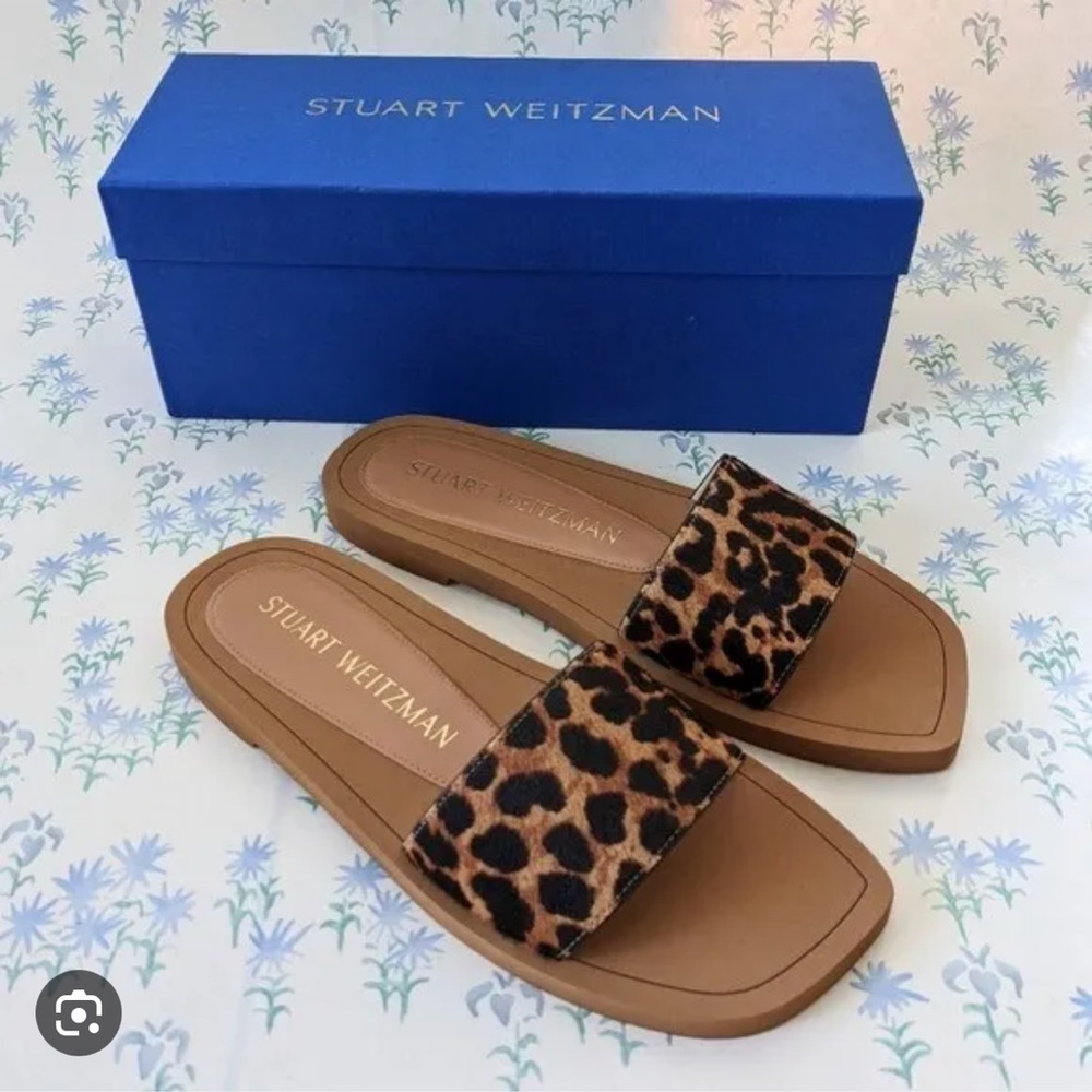 Stuart Weitzman Delilah Leopard-Print Calf Hair Slide Sandals - Size 8